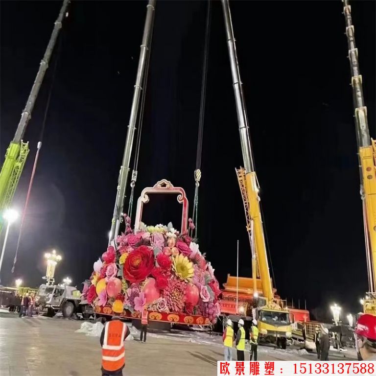 天安门仿真花篮雕塑，玻璃钢仿真花卉绢花花篮雕塑13